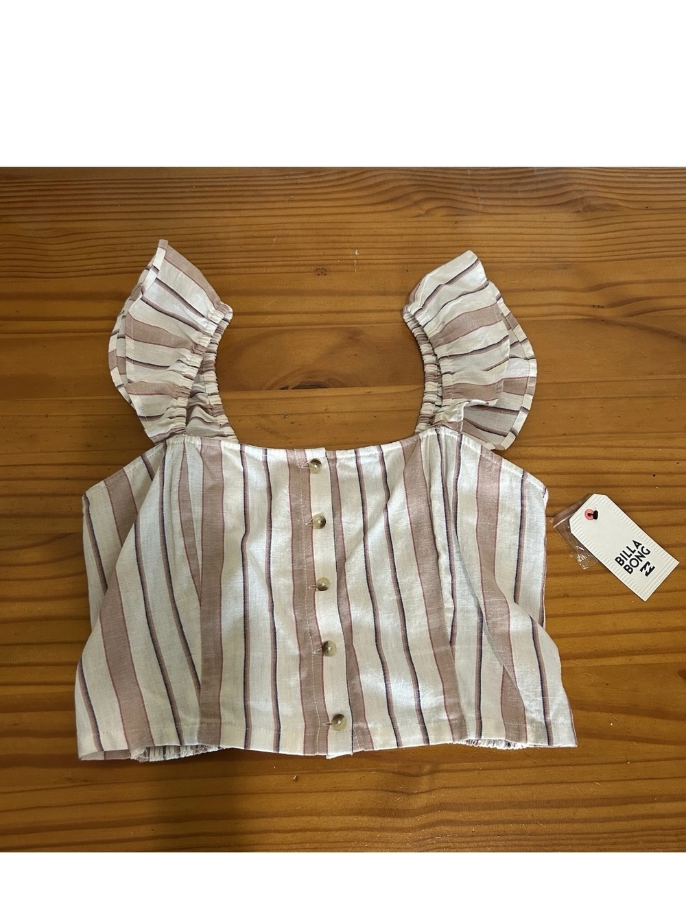 NWT Billabong Cream and Brown Striped Ruffle-Shoulder Button Crop Top Size L